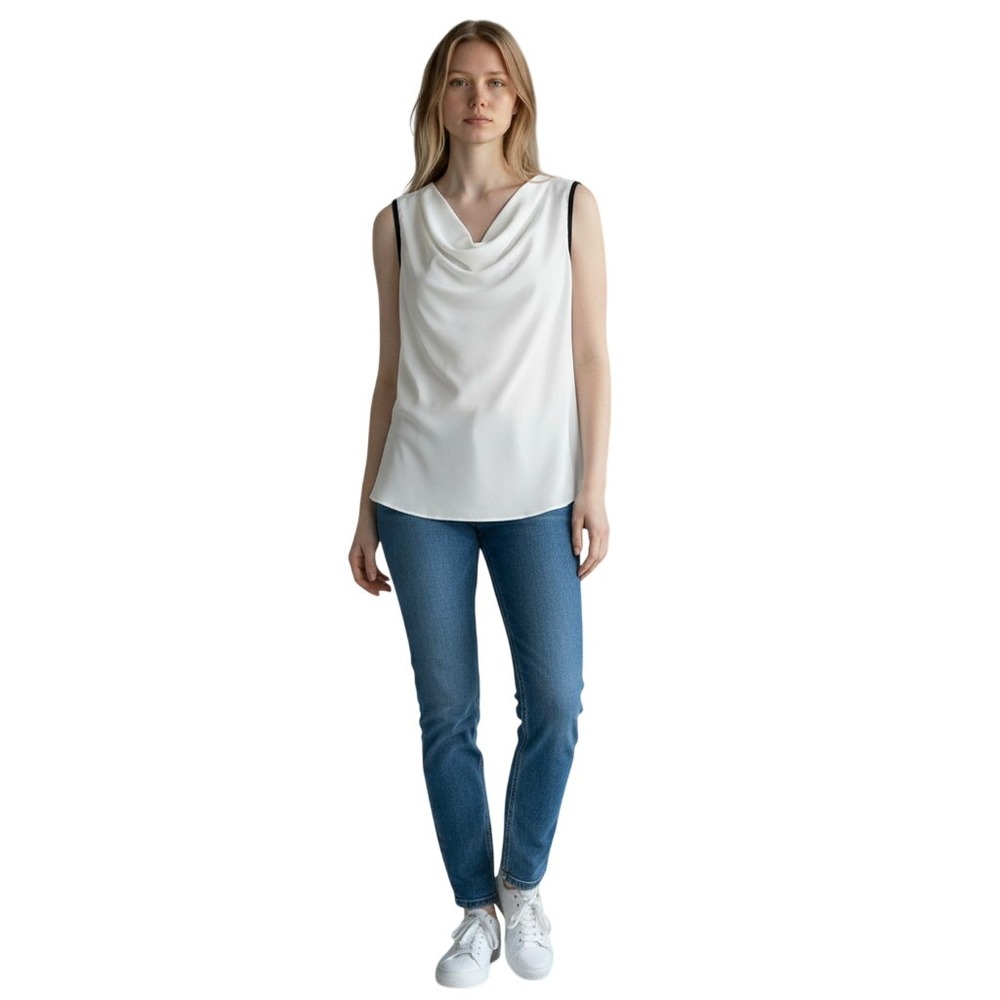 Vince Camuto Womens Cowl Neck Sleeveless Blouse Ivory Black Trim 91624B022 M
